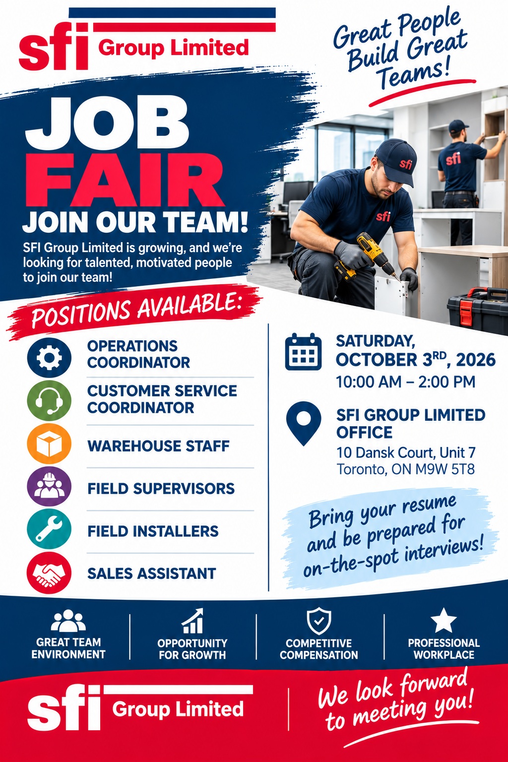 SFI Group Limited Job Fair - Saturday, October 3rd, 2026, 10:00 AM to 2:00 PM at 10 Dansk Court, Unit 7, Toronto, ON M9W 5T8
